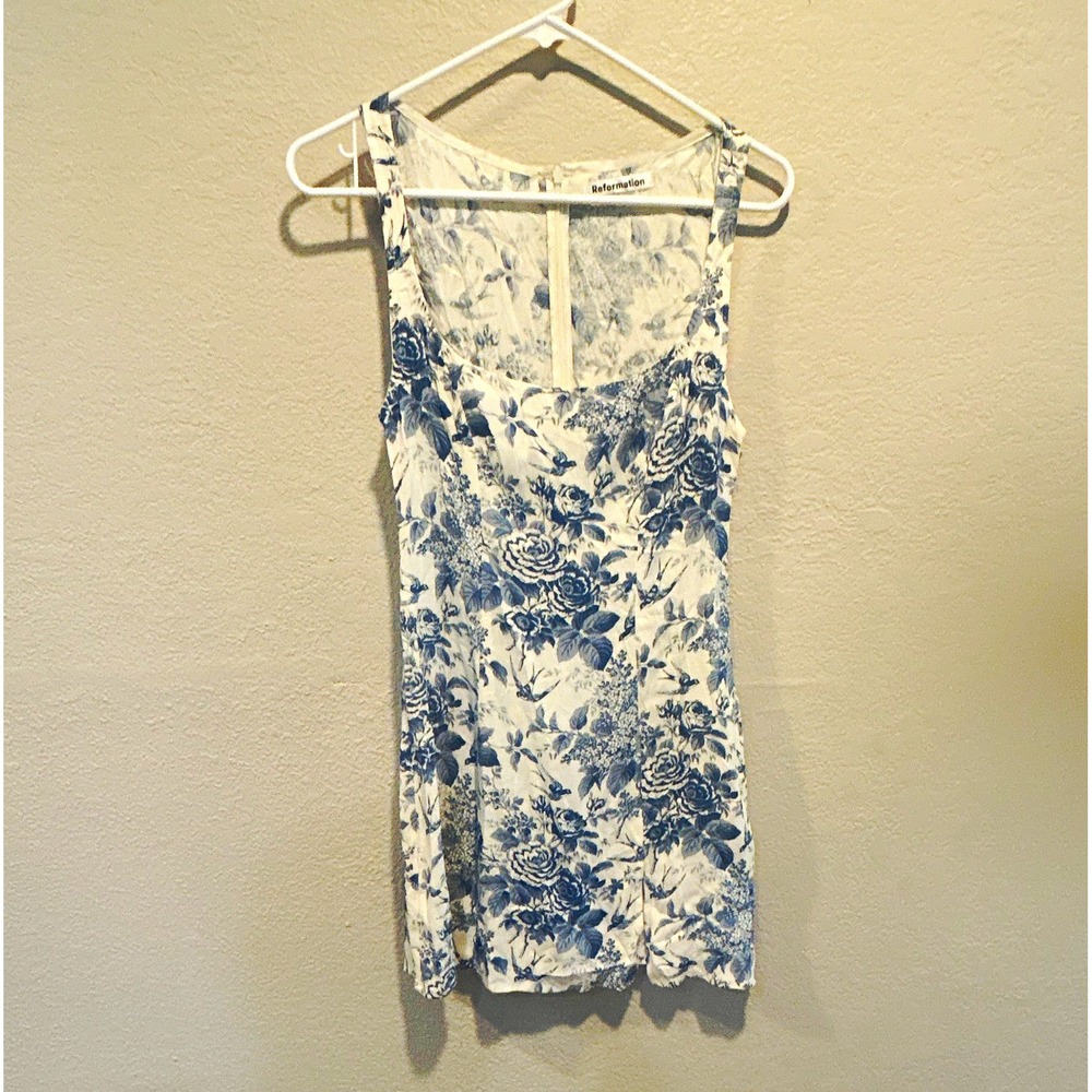 Reformation White/Blue Floral Sleeveless Mini Dress Scoop Neck Zip 2